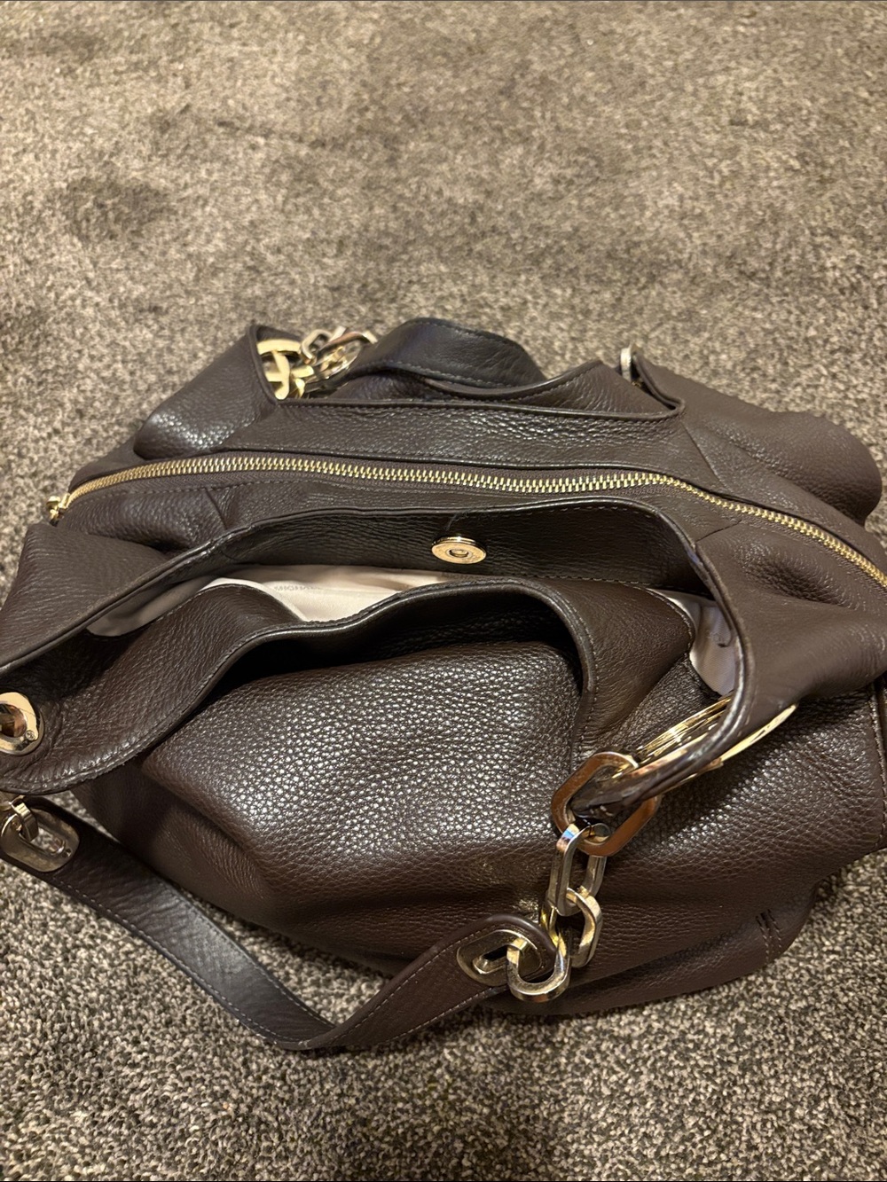 Michael Kors Dark Brown Pebbled Leather Shoulder Hobo with Gold MK Charm - Picture 5 of 16